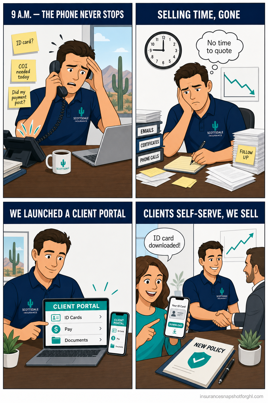 Four-panel comic showing a Scottsdale insurance agent: panel 1 '9 a.m. — the phone never stops' with sticky notes reading ID card, COI needed today, and did my payment post; panel 2 'selling time, gone' with a downward chart and a thought bubble 'no time to quote'; panel 3 'we launched a client portal' showing a laptop portal with ID Cards, Pay, and Documents; panel 4 'clients self-serve, we sell' with a happy client downloading an ID card while the agent closes a new policy.