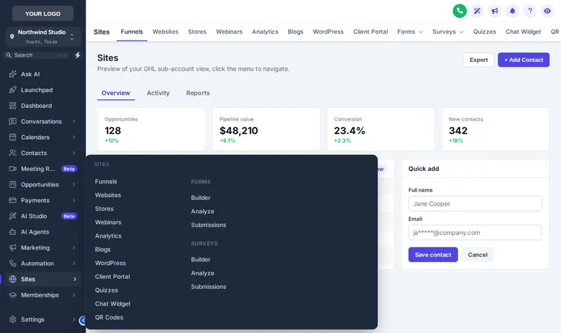 GoHighLevel sidebar with a Columns mega menu open over the Sites section in the Slate Corporate theme